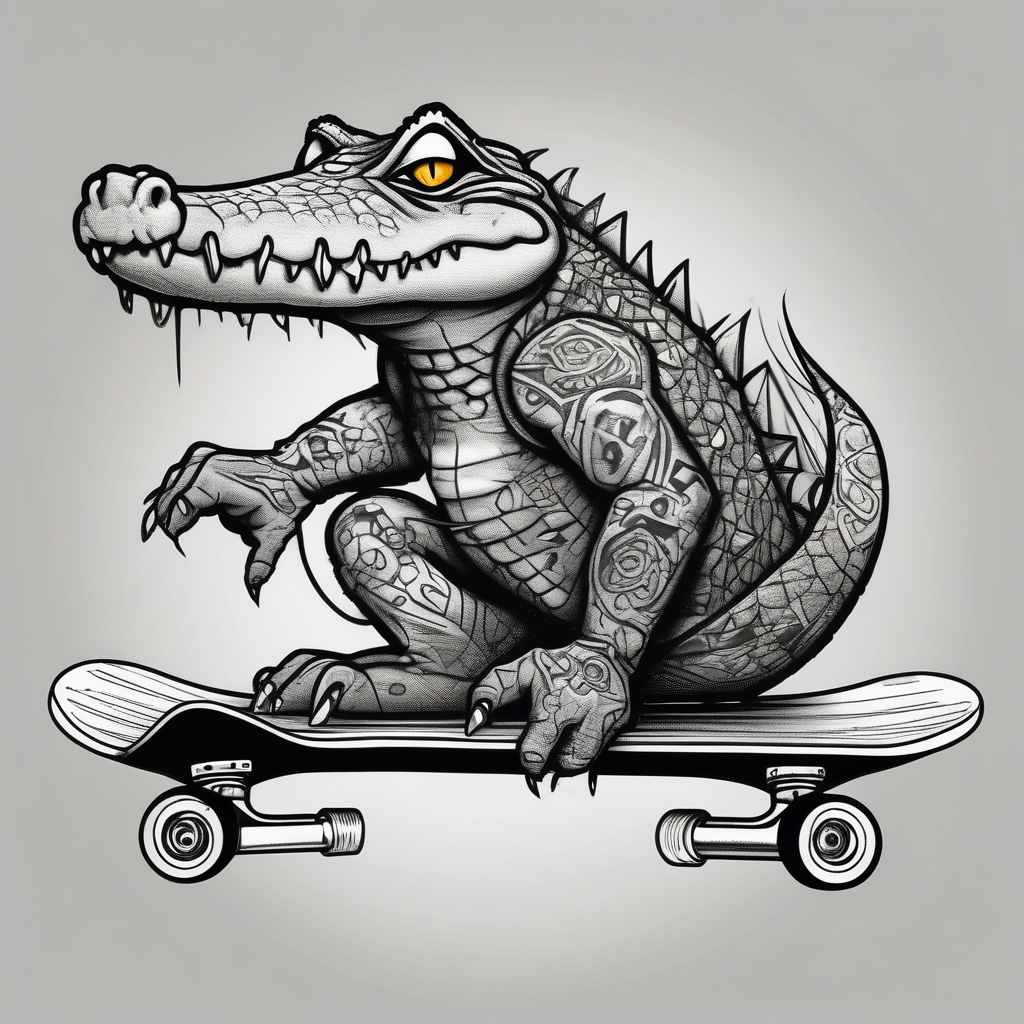 crocodile riding a skateboard with piercings and tattoos floral sleeve tattoo, AI-generated Black and White tattoo design